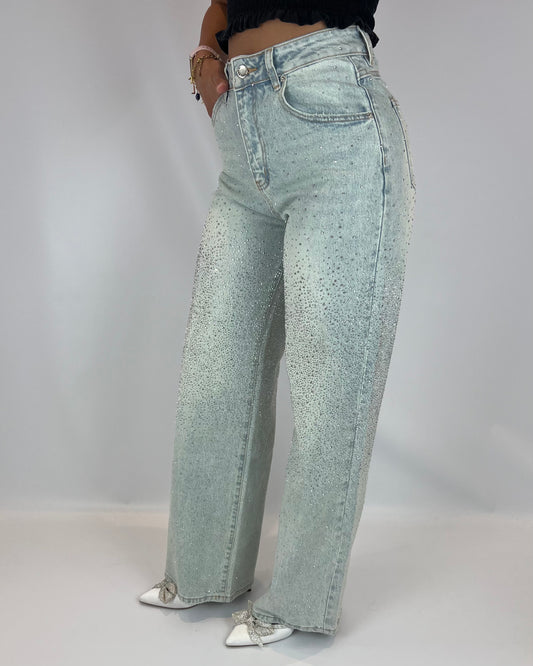 Glitter Wide Leg Jeans - Light Blue