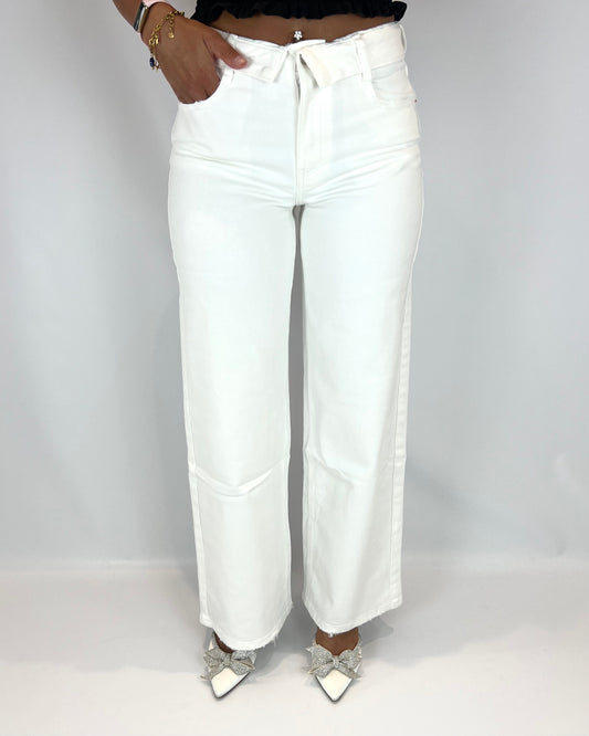 Folded Wide Leg Jeans - White